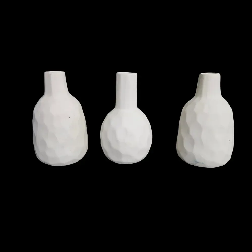Lot of 3 White Matte Faceted Ceramic Bud Vases Modern Minimalist Decor